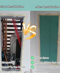 Before and after comparison of Top Notch Paintable Drywall Access Panel hiding messy cables, featuring a sleek aluminum frame.