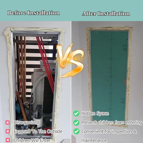 Before and after comparison of Top Notch Paintable Drywall Access Panel hiding messy cables, featuring a sleek aluminum frame.