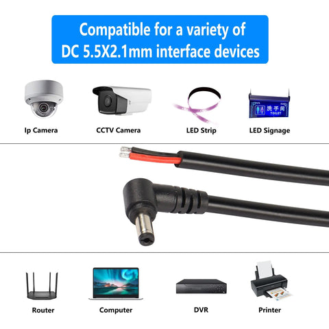 Two Pack DC5521 Power Pigtail Cables 12V 90 Degree 5.5mm X 2.1mm Male Plug for IP Cameras and LED Strips