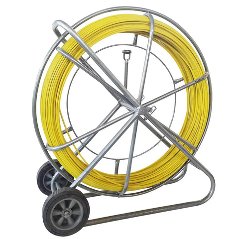 Heavy Duty 12mm Fiberglass Fish Tape With Reinforced Steel Core Non Conductive Cable Puller and Conduit Rodder on metal reel.