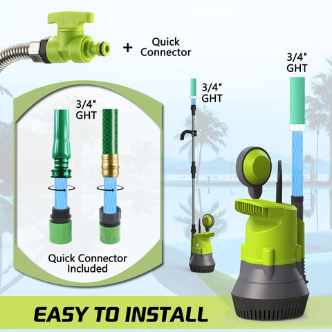 Beast Mode 1/2 HP Submersible Rain Barrel Pump With Float Switch 1050 GPH 26 Ft Cable, connectors and installation view