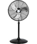 Powerful 20 Inch High Velocity Industrial Pedestal Fan with 5200 CFM, 3 Speed Oscillating Stand, black metal construction.