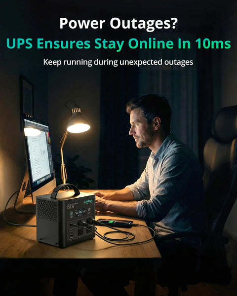 Man working at night using Portable Power Station C600 600W Solar Generator With 640Wh LiFePO4 Battery One And A Half Hour Fast Charge 10ms UPS Eight Ports Four AC For Camping Home Backup And Outages Power On The Go for power during outage