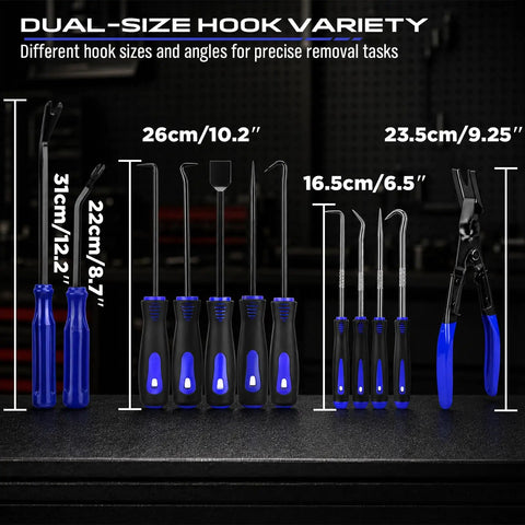Rugged 17 Piece Pick And Hook Tool Set With Magnetic Pickup Bar Hella Tough Carbon Steel tools in various sizes for precise removal tasks.