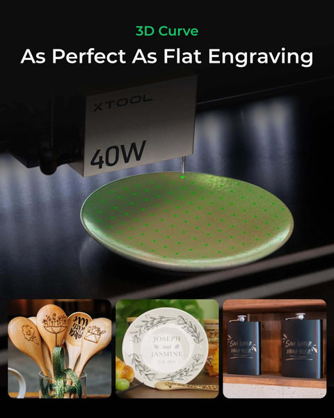 xTool S1 40W laser cutter and engraver with 23.93 x 15.16 in bed, engraving a round green plate