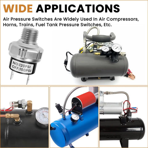 Built Tough Heavy Duty Air Pressure Switch 1/4-18 NPT Male Thread DC 12V 24V Compressor Controller for industrial systems.
