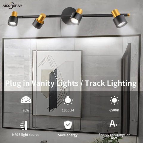 4 Light Plug In Vanity Lights For Bathroom And Kitchen Counter Over Mirror, mounted on wall above mirror, adjustable heads