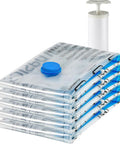 Vacuum Storage Bags Large 5 Pack With Hand Pump For Clothes And Linens, stacked clear bags with hand pump for compression