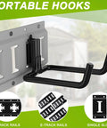 2 Pack E Track J Hooks Heavy Duty Steel E Track Double Hooks for E Track Systems installed on wall, black