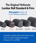 The Original McKenzie Lumbar Roll Standard Density Low Back Support Pillow for Comfort Spinal Alignment showing size options.
