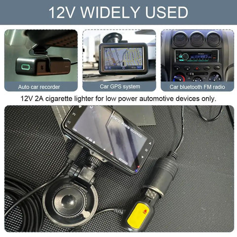 Solid AC To DC Converter 100 To 240V To 12V Car Cigarette Lighter Socket Adapter with devices like GPS and radio.
