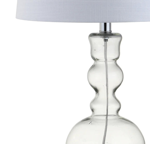 Close-up of curved clear glass base of modern bedside lamp with white linen shade, part of Clear Glass Table Lamp Set of 2 for Living Room and Bedroom Decor, Modern Bedside Lamps With White Linen Shades, LED Bulbs Included, 28.5-Inch Tall, Sleek Home Lighting for Any Space, ETL Listed UL Certified.
