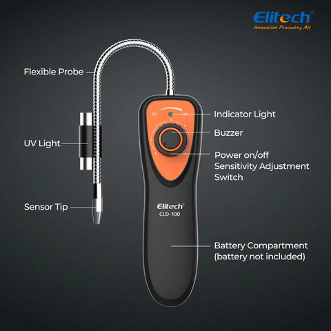 Elitech CLD-100 refrigerant leak detector with black body, orange control panel, and flexible coiled probe