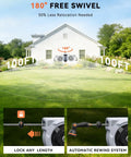 Image showing a retractable garden hose reel with 180-degree swivel, 100 ft reach, and lock at any length feature.