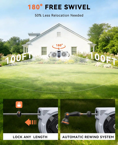 Image showing a retractable garden hose reel with 180-degree swivel, 100 ft reach, and lock at any length feature.