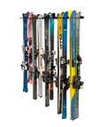Heavy Duty Wall Mount Ski Storage Rack Designed To Hang Ten Pairs Of Skis And Poles With A Tough Three Hundred Pound Weight Capacity For All Your Gnarly Daytime Runs showing ten skis hung neatly.