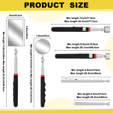 Valve Core Remover And Installer Tool Kit with Inspection Mirror and Magnetic Pickup Tool size details for HVAC Systems.