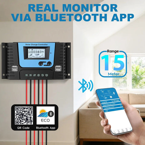 30A Beefy Bluetooth Solar Charge Controller With PWM For 12V 24V 36V 48V Systems, Four USB Ports, Backlit Display, Temperature Sensor shown with Bluetooth app real-time monitoring on a smartphone.