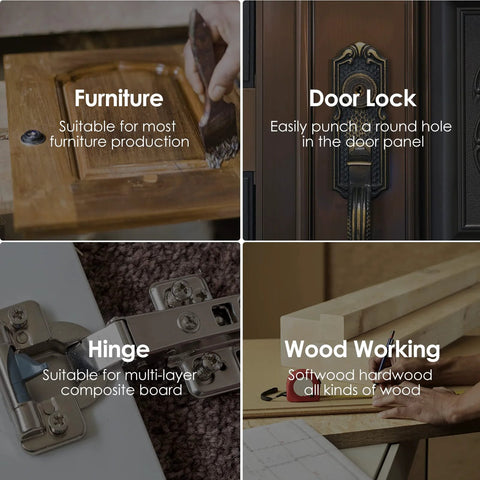 Forstner bit set 8 pieces for wood drilling; Amazon brand collage of furniture hardware and hinges