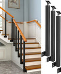 Rock Solid Black Metal Railing Pillar Featuring 270 Degree Pivot Mount Bracket heavy duty deck balusters beside staircase.