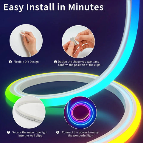 LED Neon Rope Light 9.8ft Flexible RGBIC Strip With Music Sync And DIY Design IP65 Waterproof Remote And App Control Multi Color Ambient Lighting For Living Room Bedroom And Game Room Wall Decor installation instructions