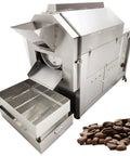 Commercial Gas Coffee Roaster With 110 Lb Drum Capacity For Roasting Beans Nuts Seeds Chestnuts Peanuts Walnuts And More Beefy Heavy Duty Single Phase 220V Drum Roasting Machine in stainless steel with coffee beans.