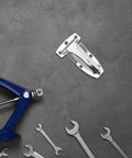 Stainless Steel Truck Door Hinges For Box Trucks And Trailers Heavy Duty Boat Hatch Structure on a workbench with tools.