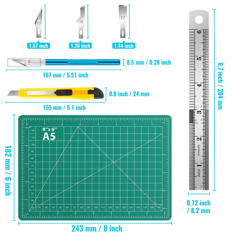 Exacto Knife Set With 2 Craft Knives And 40 Replacement Blades, Self Healing Cutting Mat, 6 Inch Ruler, product dimensions