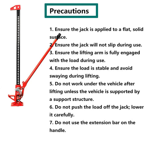 20 Inch 3 Ton Off Road Farm Jack With 6000 Lb Capacity Ratcheting Utility Lift and usage precautions.