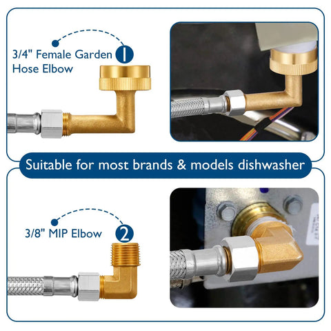Dishwasher Installation Kit With Ten Foot Stainless Steel Braided Hose And Food Grade PEX Water Line fittings close-up
