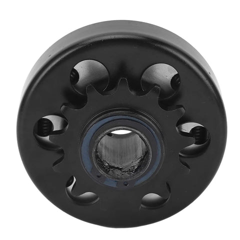 Built Tough Heavy Duty Centrifugal Clutch With One Inch Bore And Thirteen Teeth For Mini Bikes Go Karts And Small Gas Engines Grabs Hard At Two Thousand Three Hundred RPM For Rock Solid Power Transfer And Zero Slip Action Every Time You Ride. Black centrifugal clutch with 13 teeth and one-inch bore.