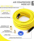 Heavy Duty Hybrid Air Compressor Hose 3/8 Inch X 50 Foot Lightweight Kink Free Airline with brass fittings and accessories