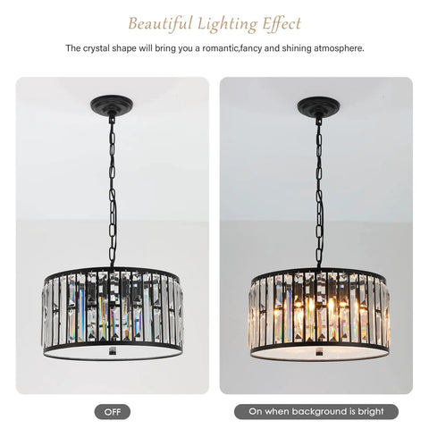 Black K9 Crystal Drum Chandelier On and Off, Dope Modern 6-Light Ceiling Fixture, Sleek for Dining Room and Kitchen Island