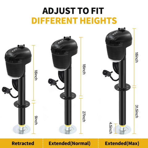 12V Electric A Frame Trailer Tongue Jack With 7 Way Plug, 4000 Lb Lift Capacity, shown retracted, normal, and extended