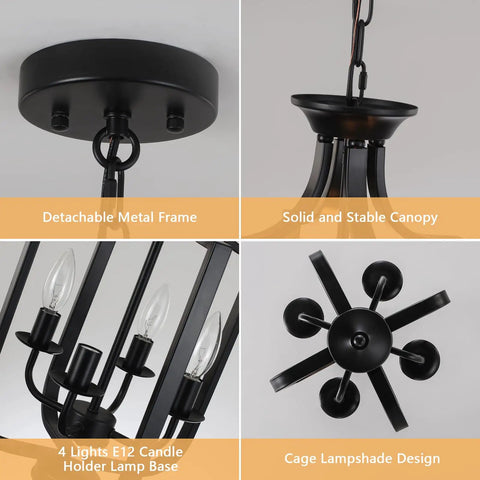 10.63 Inch Black Farmhouse Chandelier With Four Lights showing canopy, detachable frame, E12 lamp base, and cage design