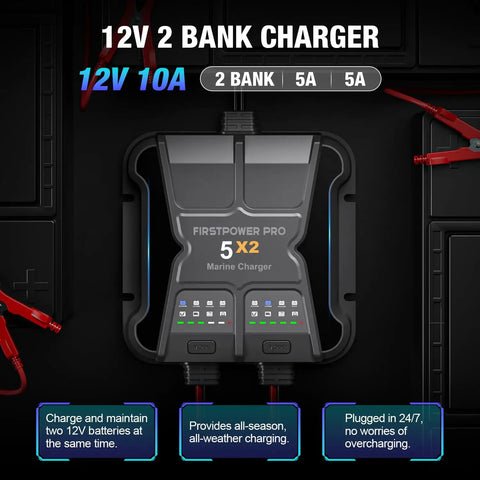2 Bank Marine Battery Charger 5X2 10A Per Bank 12V Waterproof Onboard Battery Maintainer Desulfator For SLA AGM Lithium LiFePO4 Calcium And Deep Cycle Batteries With Around The Clock Charging Capability