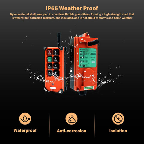 Heavy Duty Full Voltage Industrial Wireless Crane Remote Control Kit For Electric Lift Hoist And Overhead Tower Bridge Systems, 12V To 440V, 315MHz RF, Includes Two Transmitters And One Receiver, Orange, weatherproof and anti-corrosion features displayed.