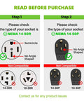 Instructional image showing compatibility checks for Heavy Duty 50 Amp NEMA 14-50 Y Splitter Adapter plug types.