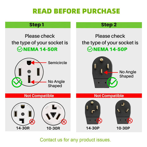 Instructional image showing compatibility checks for Heavy Duty 50 Amp NEMA 14-50 Y Splitter Adapter plug types.