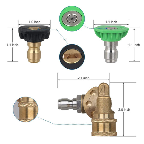 STYDDI pressure washer quick-connect pivoting coupler kit with brass 1/4-inch fittings and green/black caps (front diagram)