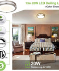 Bedroom with 13 Inch Flush Mount LED Ceiling Light With Adjustable Color Temperature 2700K To 5000K Dimmable Brushed Nickel Fixture