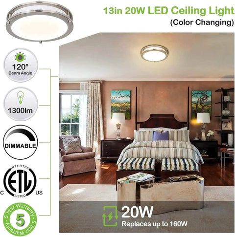 Bedroom with 13 Inch Flush Mount LED Ceiling Light With Adjustable Color Temperature 2700K To 5000K Dimmable Brushed Nickel Fixture