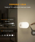 Stepless dimming control for Rechargeable Motion Sensor Night Light With Dusk To Dawn Sensor Stick On No Fuss Cool White LED Closet Light Auto On Off 120 Degree Detection And 10 To 13 Ft Range Stepless Brightness From 1 To 20 Lumens Dual Pack For Bedroom Hallway Stairs