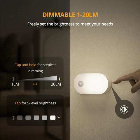 Stepless dimming control for Rechargeable Motion Sensor Night Light With Dusk To Dawn Sensor Stick On No Fuss Cool White LED Closet Light Auto On Off 120 Degree Detection And 10 To 13 Ft Range Stepless Brightness From 1 To 20 Lumens Dual Pack For Bedroom Hallway Stairs