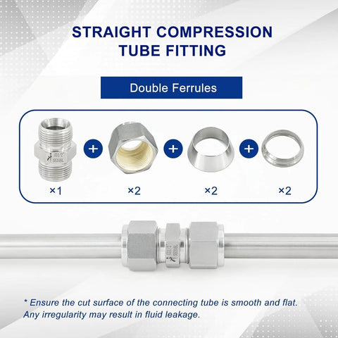 VALVENTO 316 stainless steel straight compression tube fitting 8mm OD x 8mm OD with double ferrules, front view
