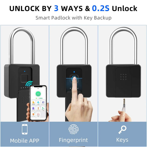 Fingerprint Padlock With Bluetooth Lock App, Quick Finger Unlock, Long Shackle Smart Padlock For Outdoor Use, Waterproof Locker Lock For School Gym, Fence, Gate, Toolbox, No Key Hassle displayed with unlock options.