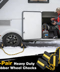 Rugged Built Tough Rubber Wheel Chocks 4 Pack With Rope And Reflective Strips for RVs next to an RV