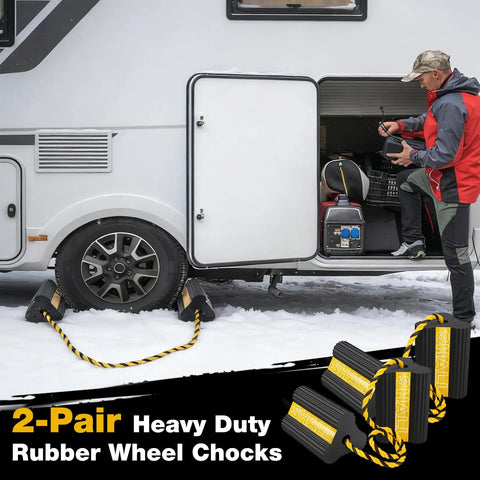 Rugged Built Tough Rubber Wheel Chocks 4 Pack With Rope And Reflective Strips for RVs next to an RV