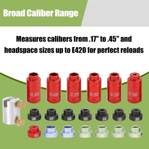 Headspace Gauge Comparator Kit With Fourteen Inserts And Six Bushings Pro Grade Reloading Tool In Tin Box displayed with components.