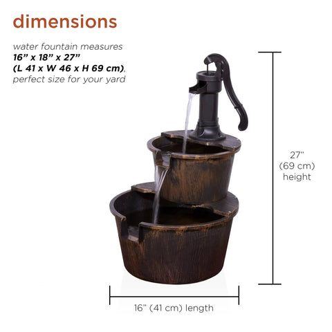 Rustic Two Tier Barrel Outdoor Water Fountain With Chill Cascading Flow For Patio Yard Porch Or Landscape Bronze Finish 27 Inch Tall Easy Setup Garden Decor, showing dimensions